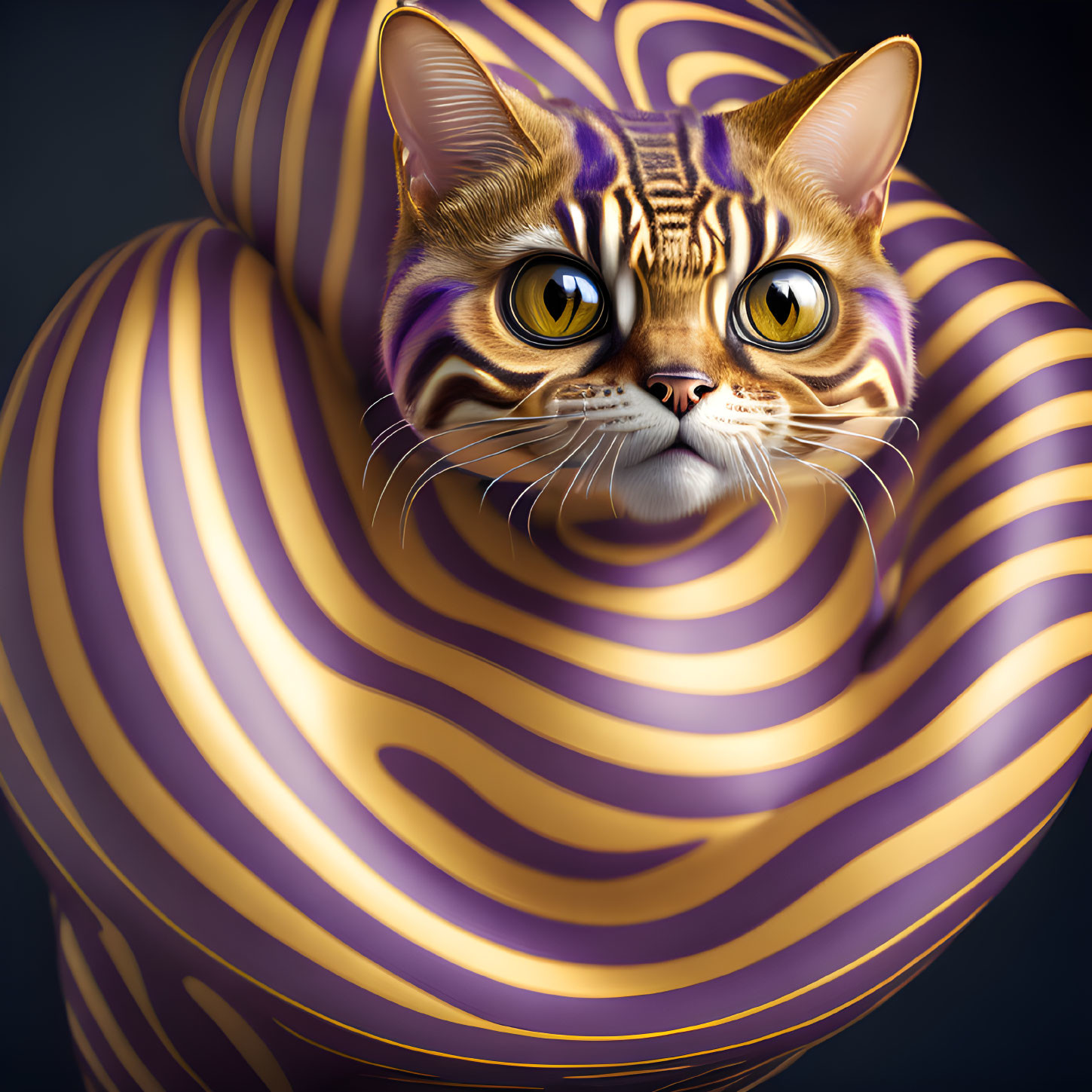 Surreal cat with swirling purple and gold patterns