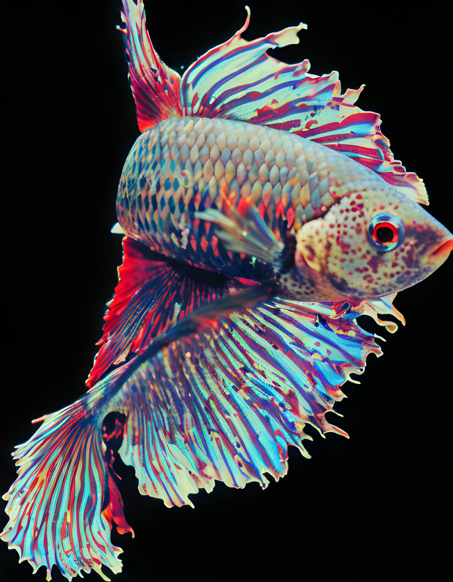 Colorful Betta Fish with Long Fins on Black Background