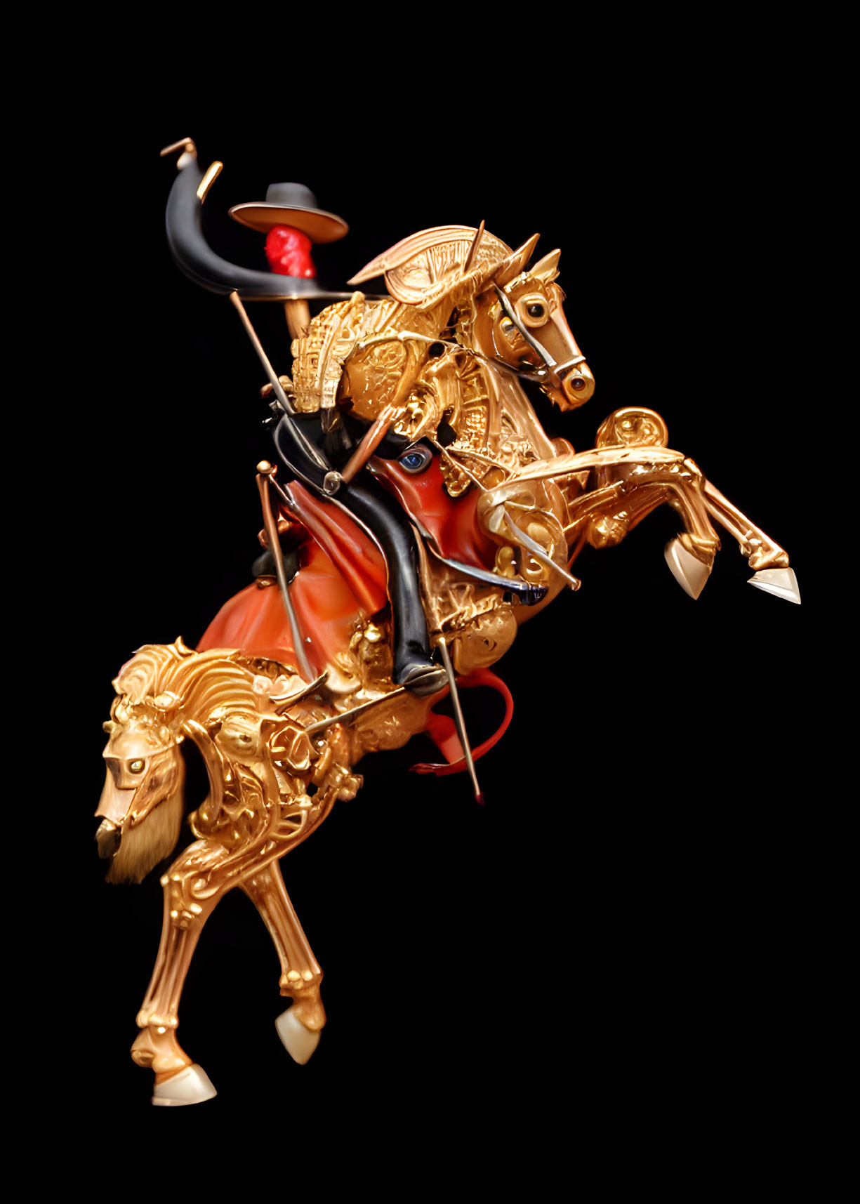 Golden horse figurine with mounted matador on black background