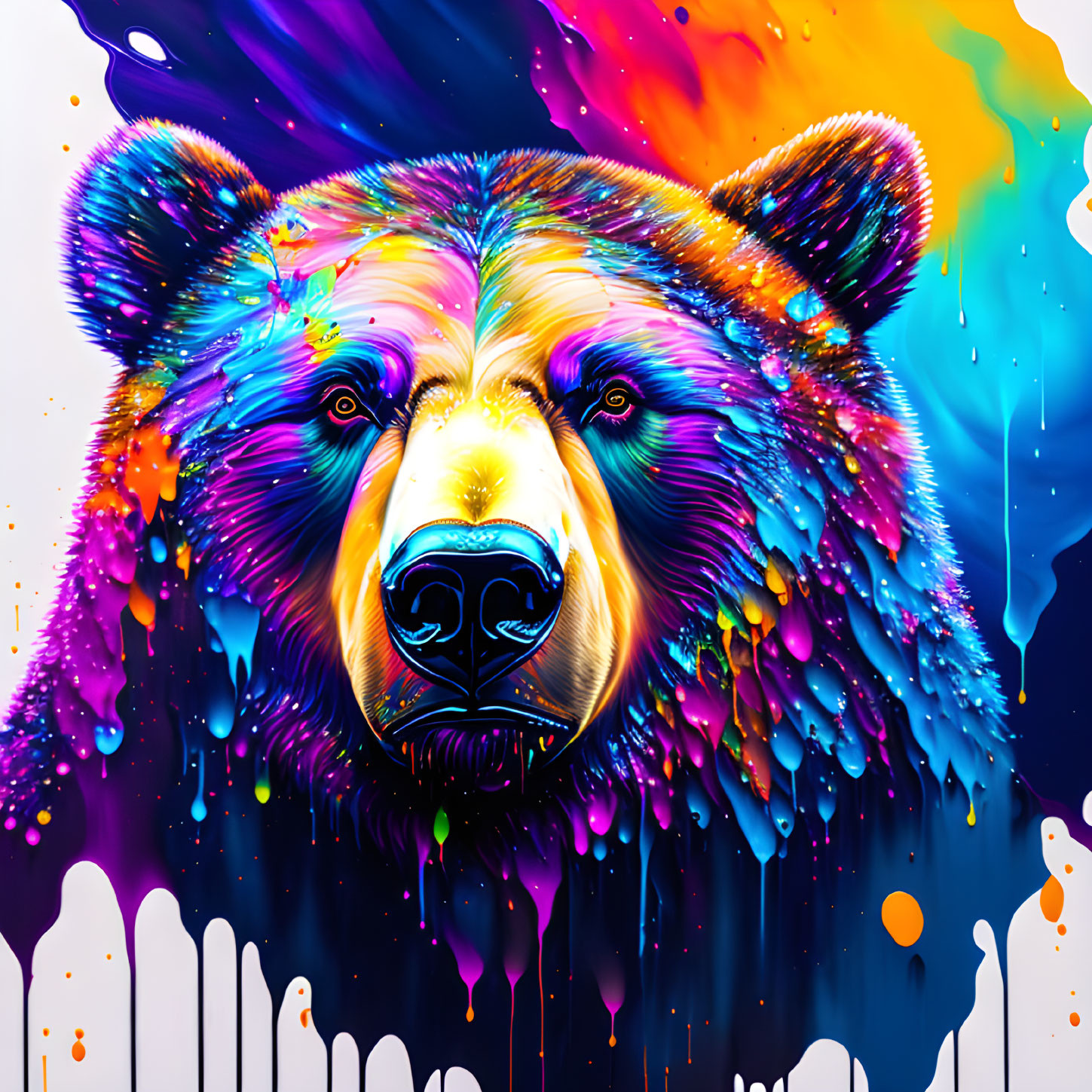 Colorful Bear Artwork with Rainbow Fusion and Dripping Paint Effects