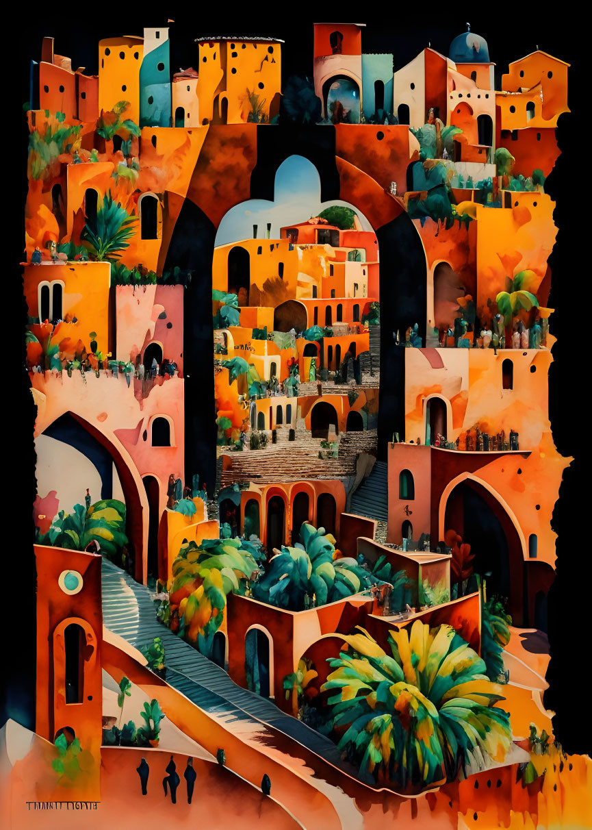 Vibrant abstract painting of a warm-hued villagescape