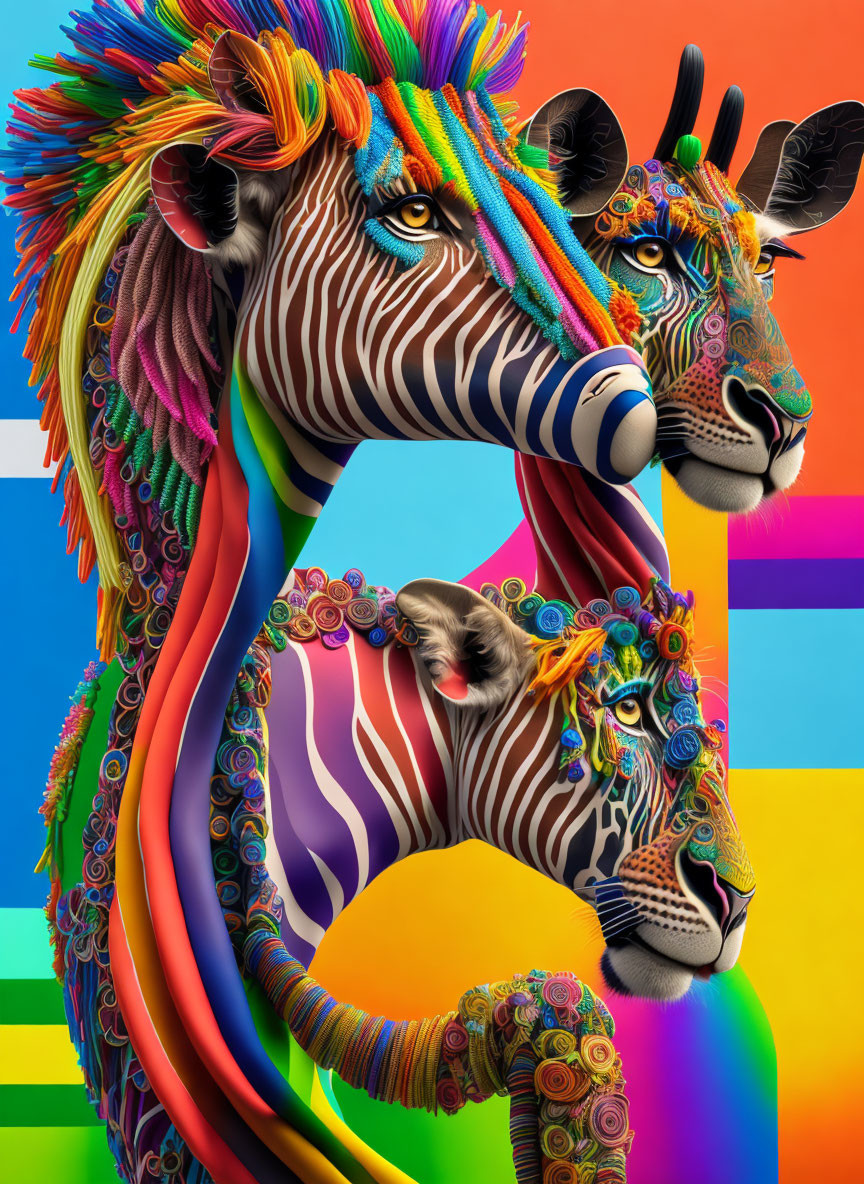 Vibrant digital illustration of two zebras with colorful stripes