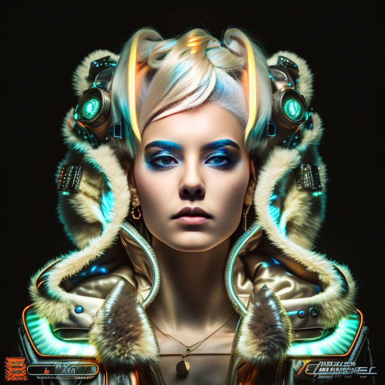 Futuristic woman with blue eyes, neon headphones, glowing jacket, and unique hair styling