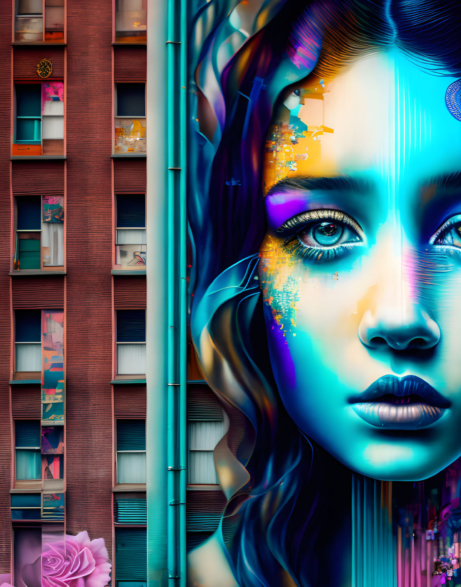 Colorful mural of woman's face beside realistic building facade