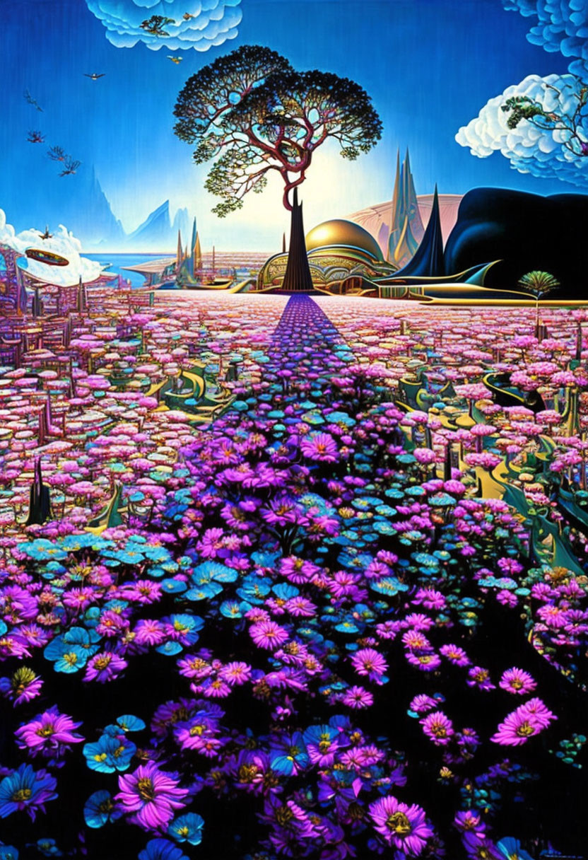 Colorful psychedelic landscape with tree, flora, and mountains under bright sky