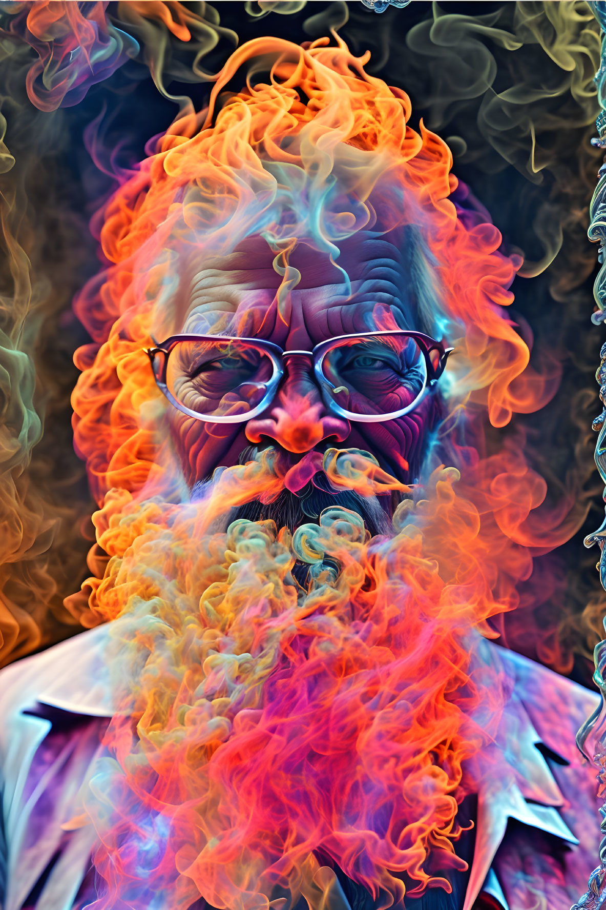 Colorful swirling flames engulfing a bearded man with stylish glasses on cool-toned backdrop