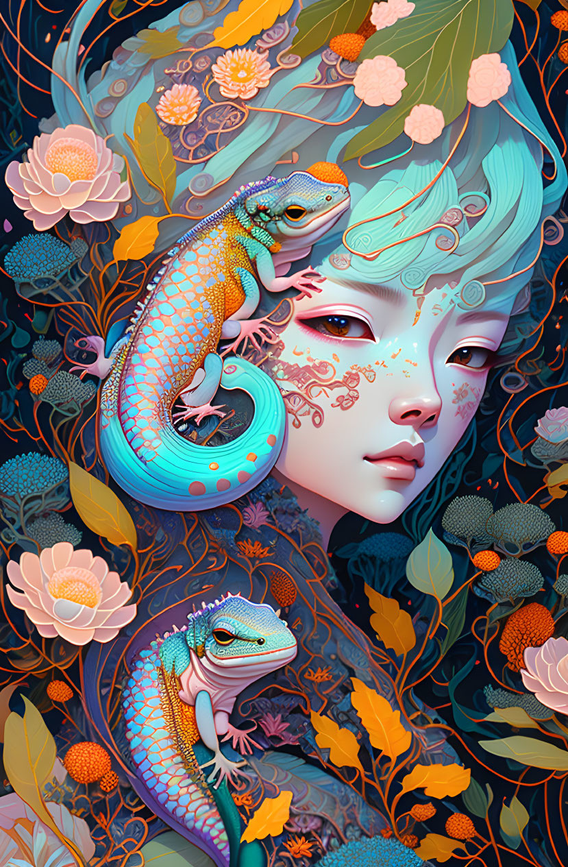 Colorful flora and whimsical geckos in serene illustration