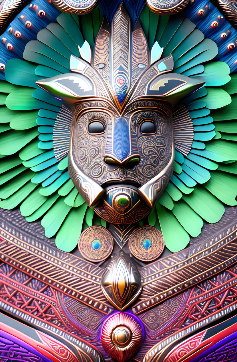 Vibrant digital artwork: stylized mask with geometric patterns and feathered headdress in blue and