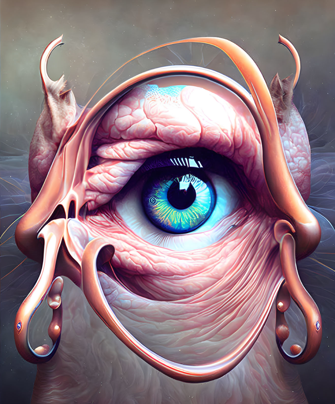 Detailed surreal eye surrounded by fleshy structures and cat-like creatures