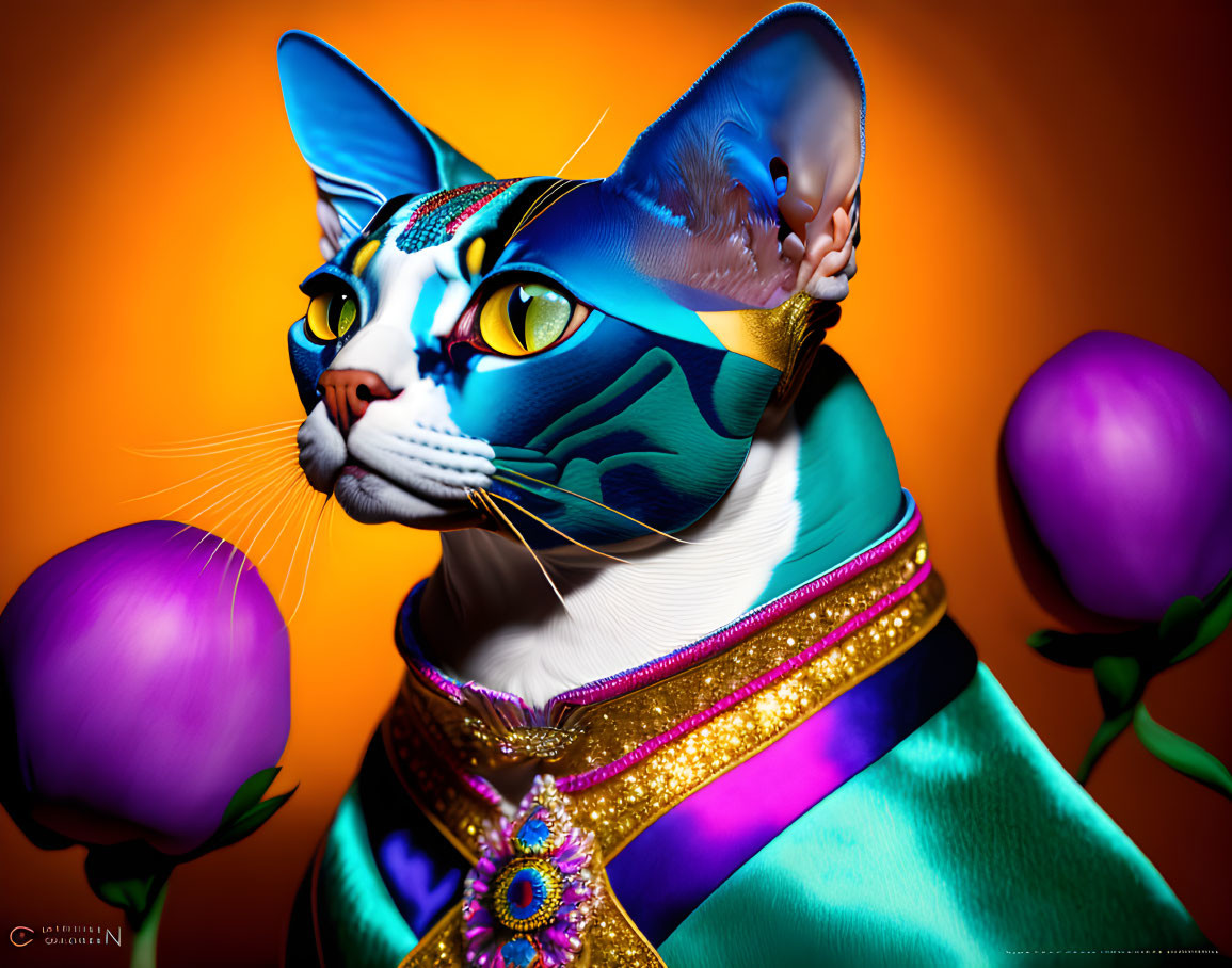 Vivid blue fur cat in regal attire on orange background