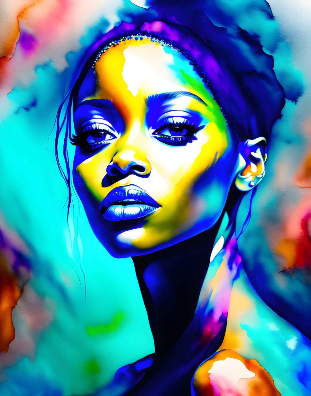 Colorful digital portrait of a woman with blue and yellow hues on her face