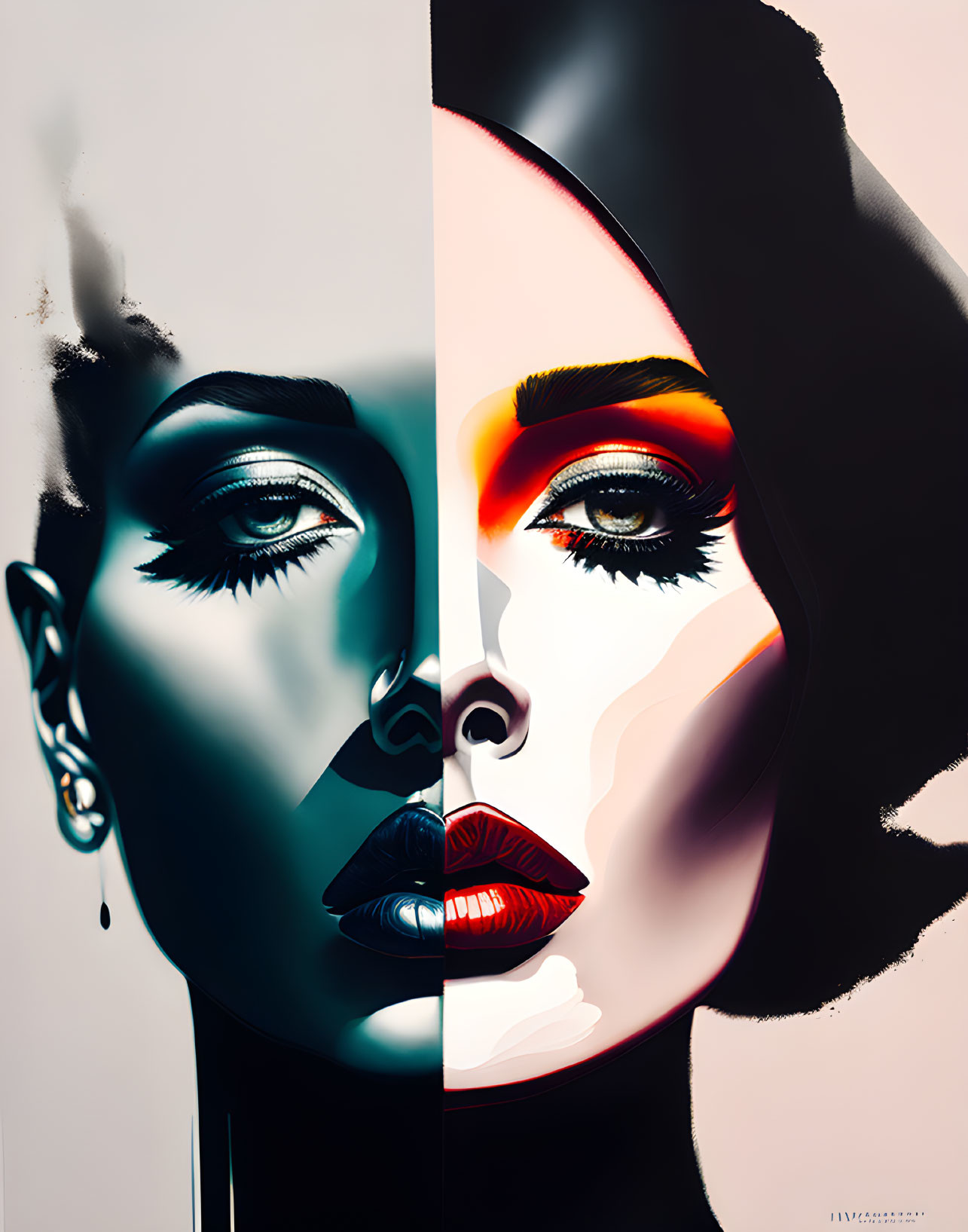 Split-composition digital artwork: Monochrome smoke effect meets vibrant makeup