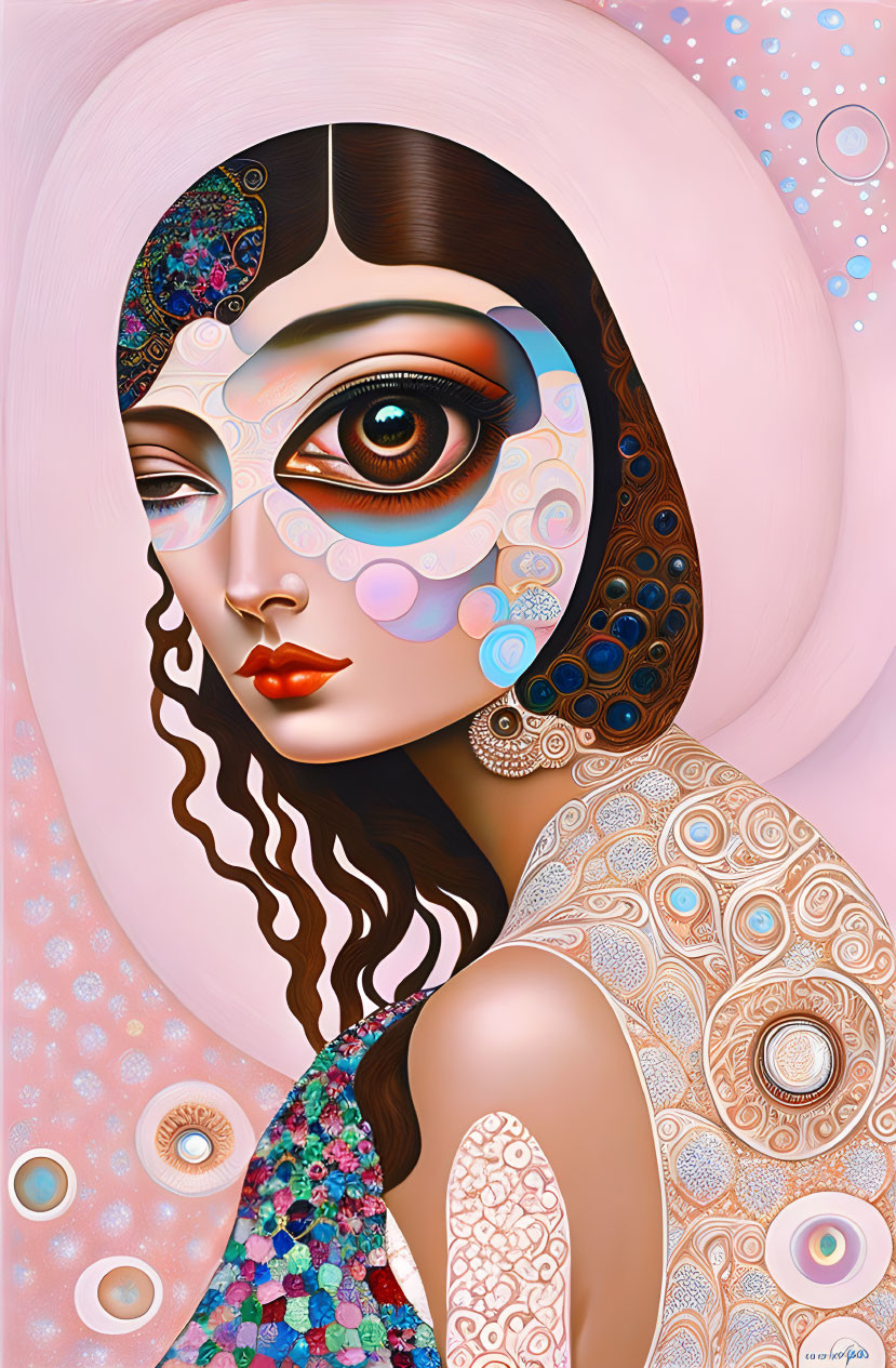 Stylized portrait of a woman with expressive eyes and intricate patterns on pink backdrop