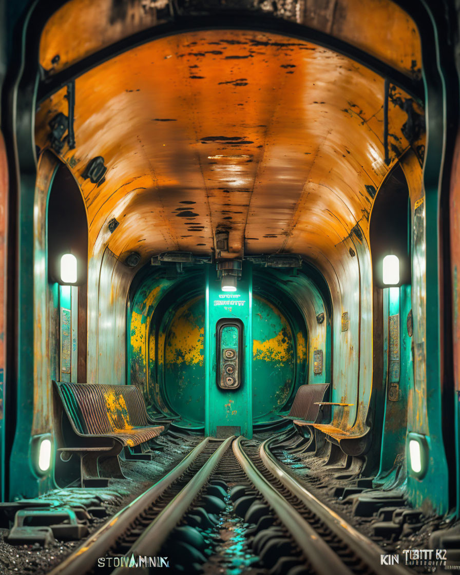 Desolate subway platform with orange and yellow walls under moody lighting