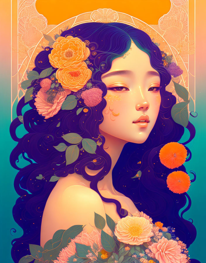 Illustration: Woman with dark hair and vibrant floral adornments on gradient backdrop.