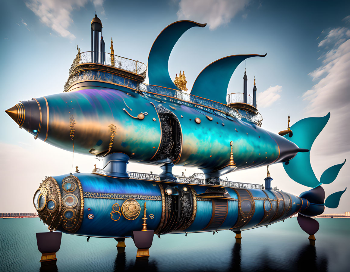 Steampunk-style submarine with fish fin sails on calm sea.