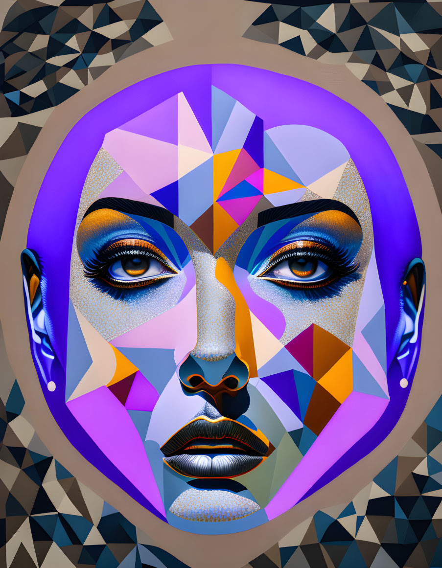 Vibrant geometric digital artwork of a woman's face in purple, blue, and orange hues