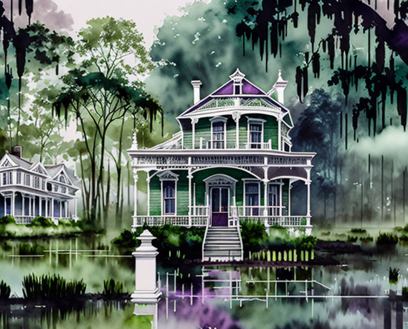 Victorian house with veranda by tranquil pond and misty trees