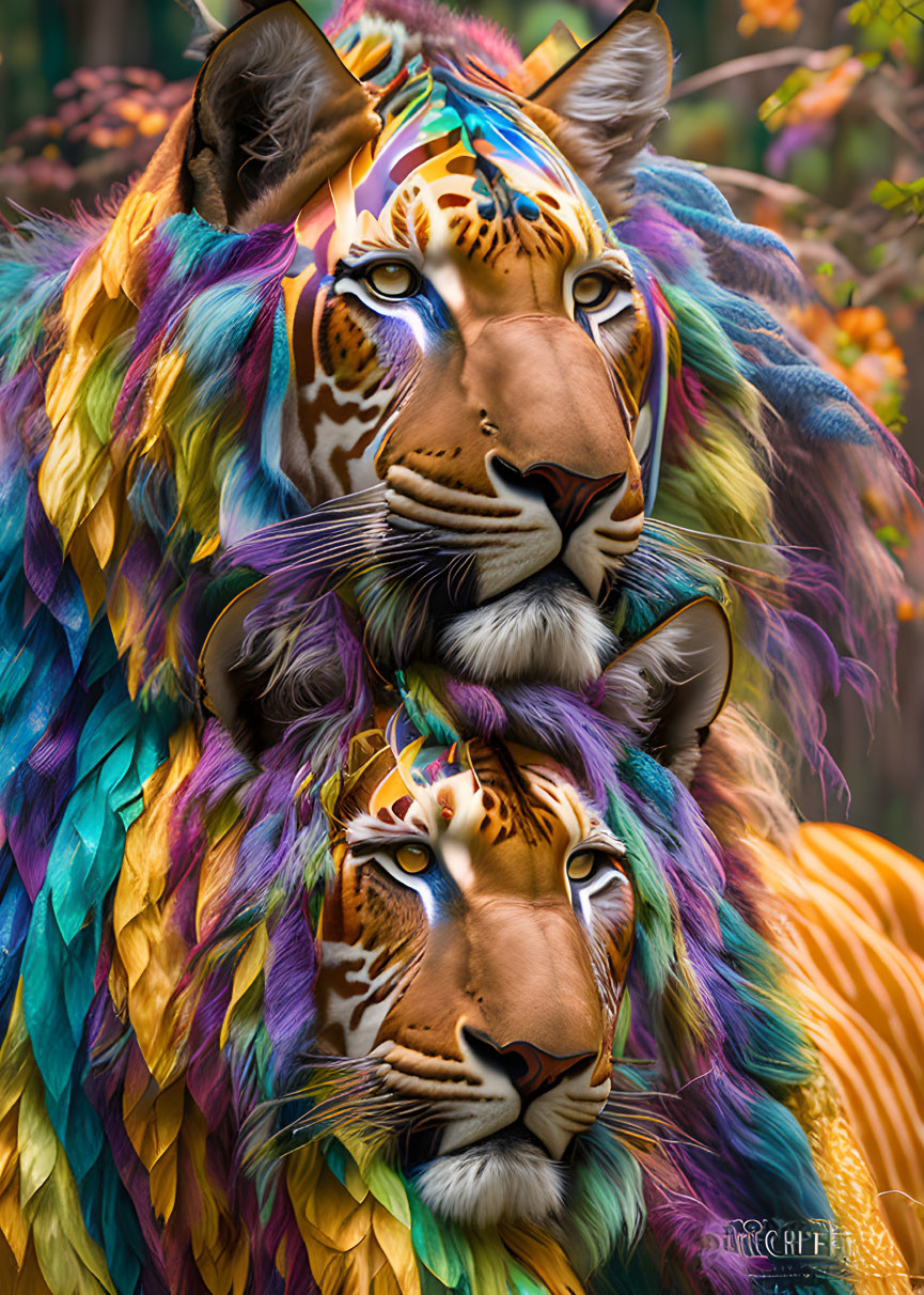 Digitally altered image of two tiger heads with multicolored feathers against forest backdrop