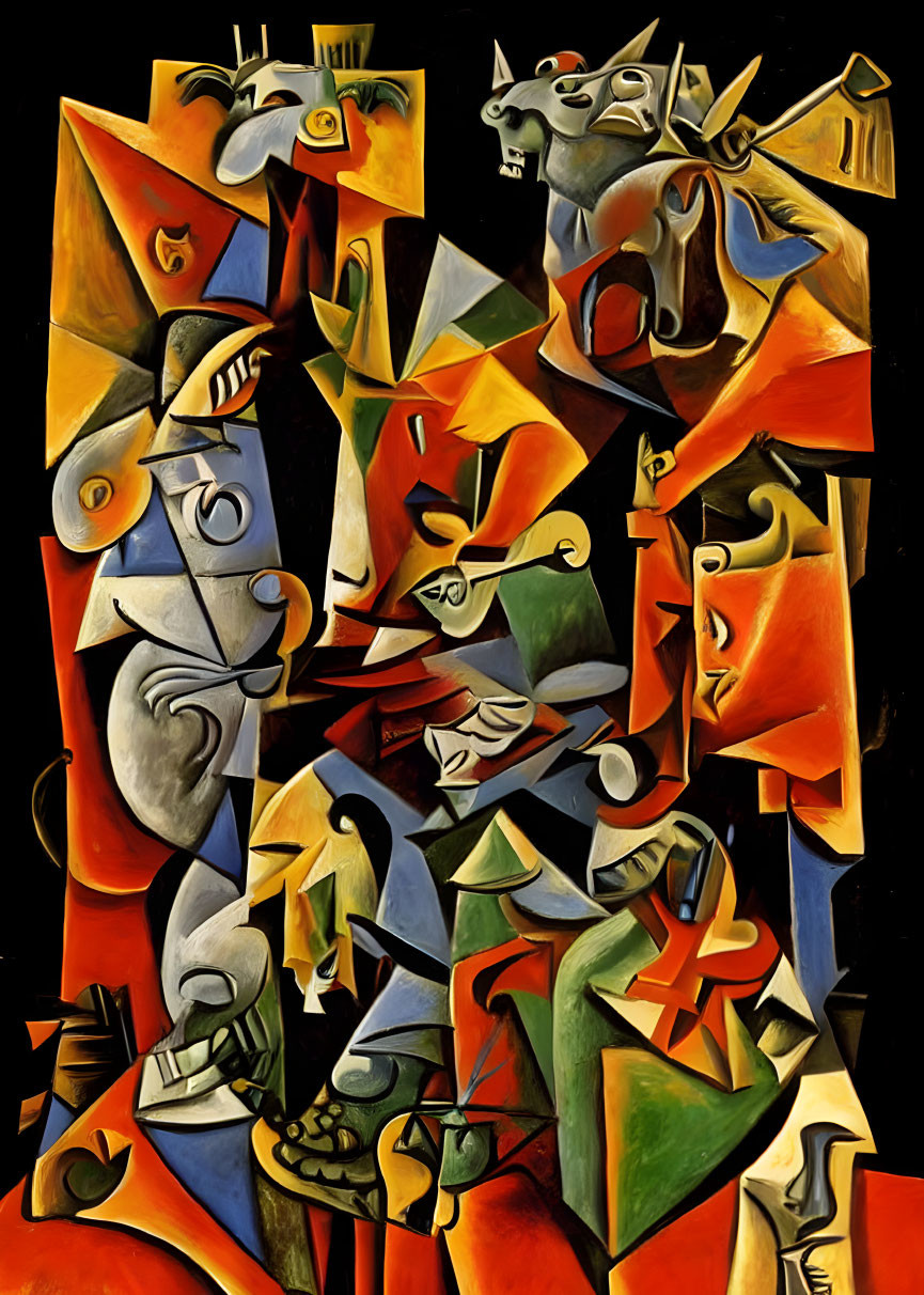 Interlocking shapes and figures in red, yellow, orange, black, and white palette