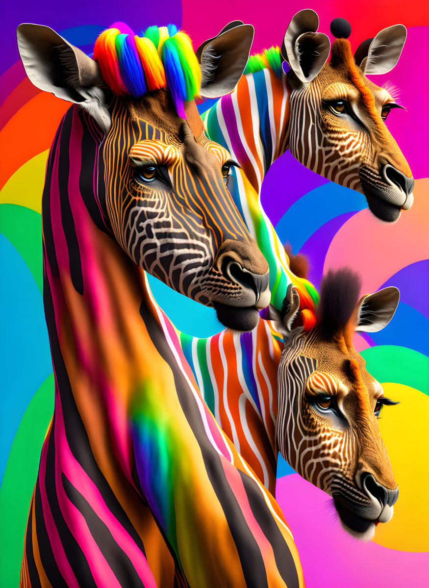 Vibrant psychedelic giraffes with striped patterns on multicolored background