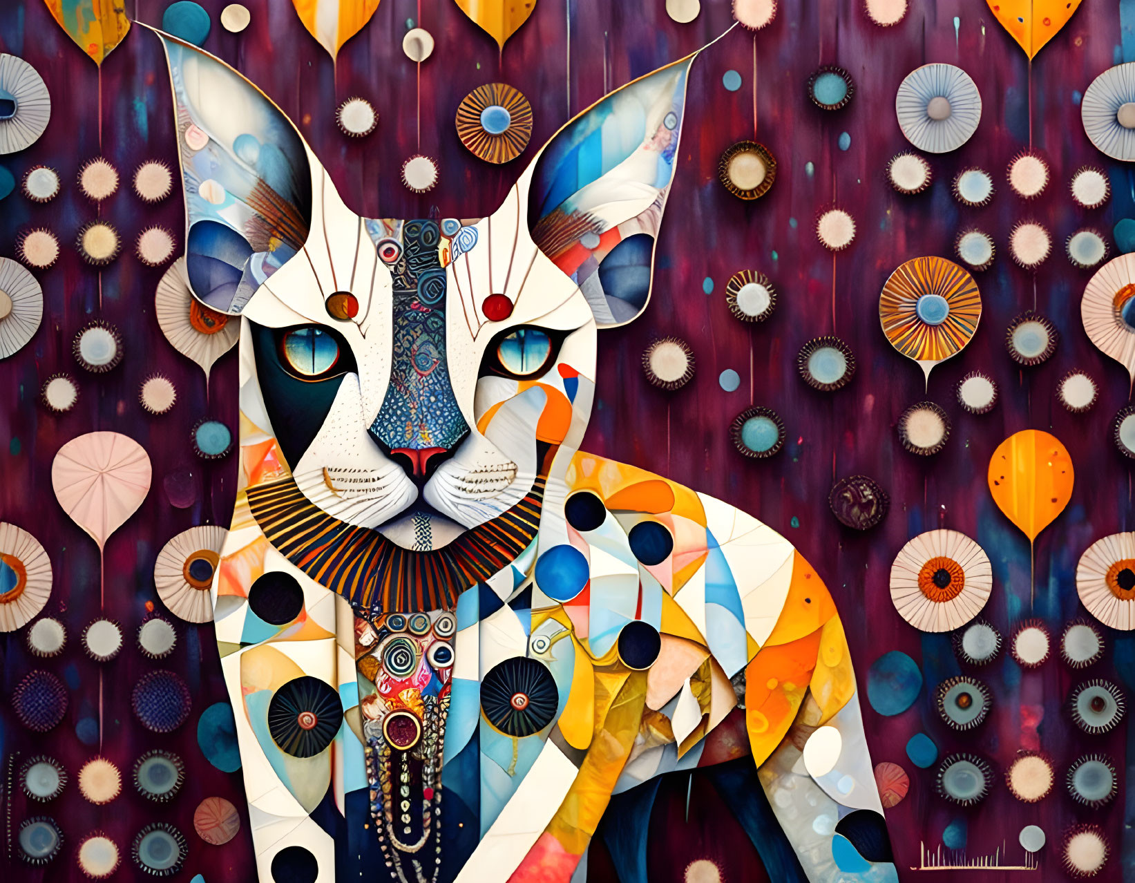 Patchwork Cat Illustration with Geometric Decorations