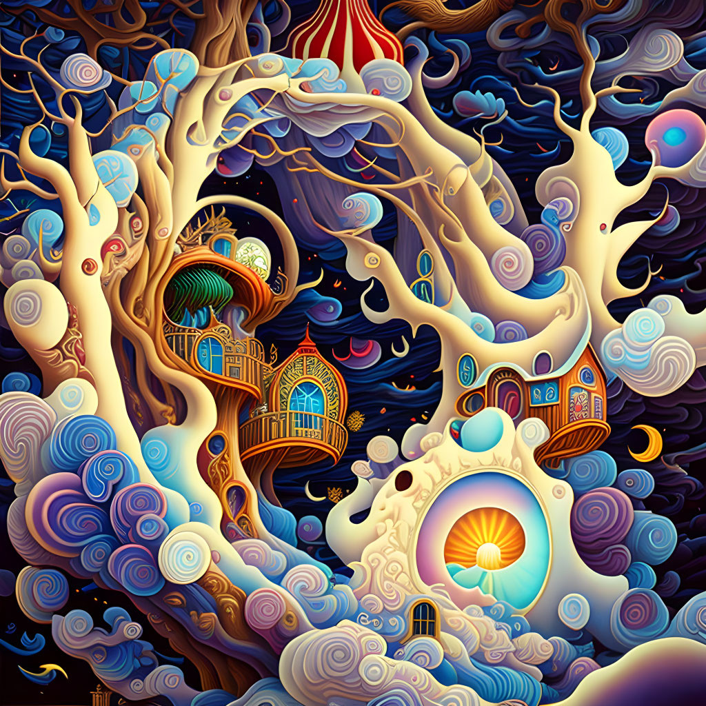 Colorful illustration of stylized tree, houses, starry sky, and crescent moon