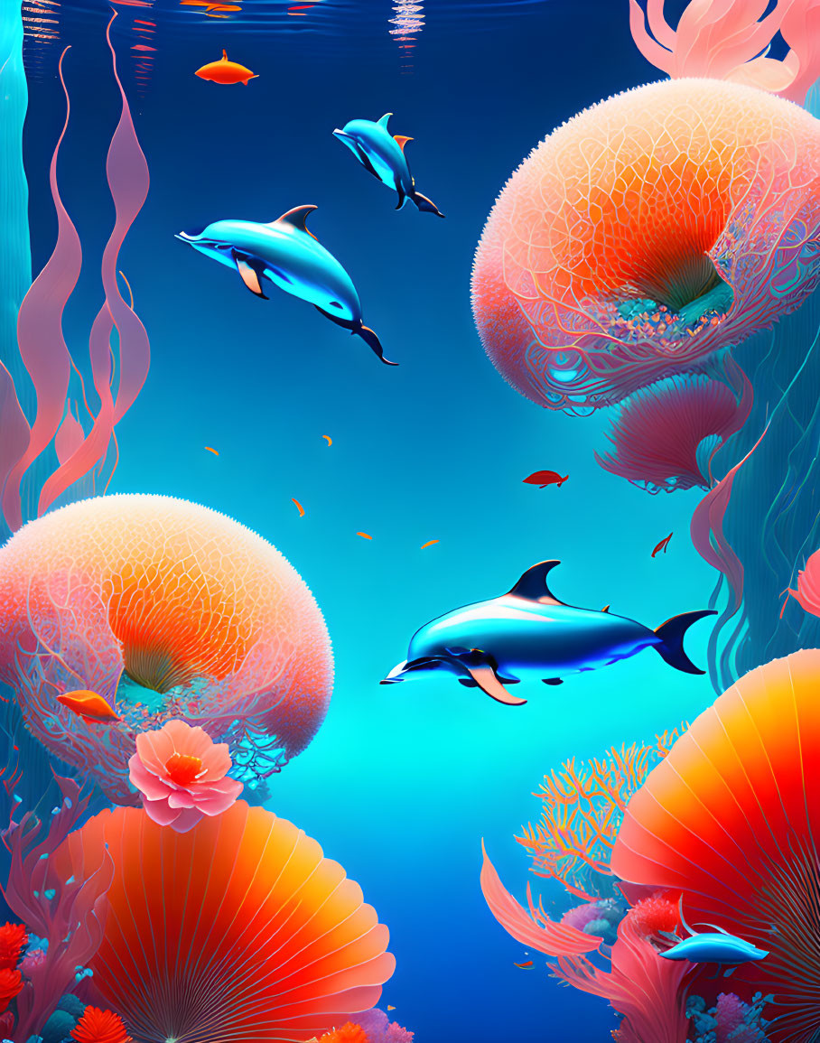 Colorful underwater scene with dolphins, coral reefs, and jellyfish in deep blue ocean.