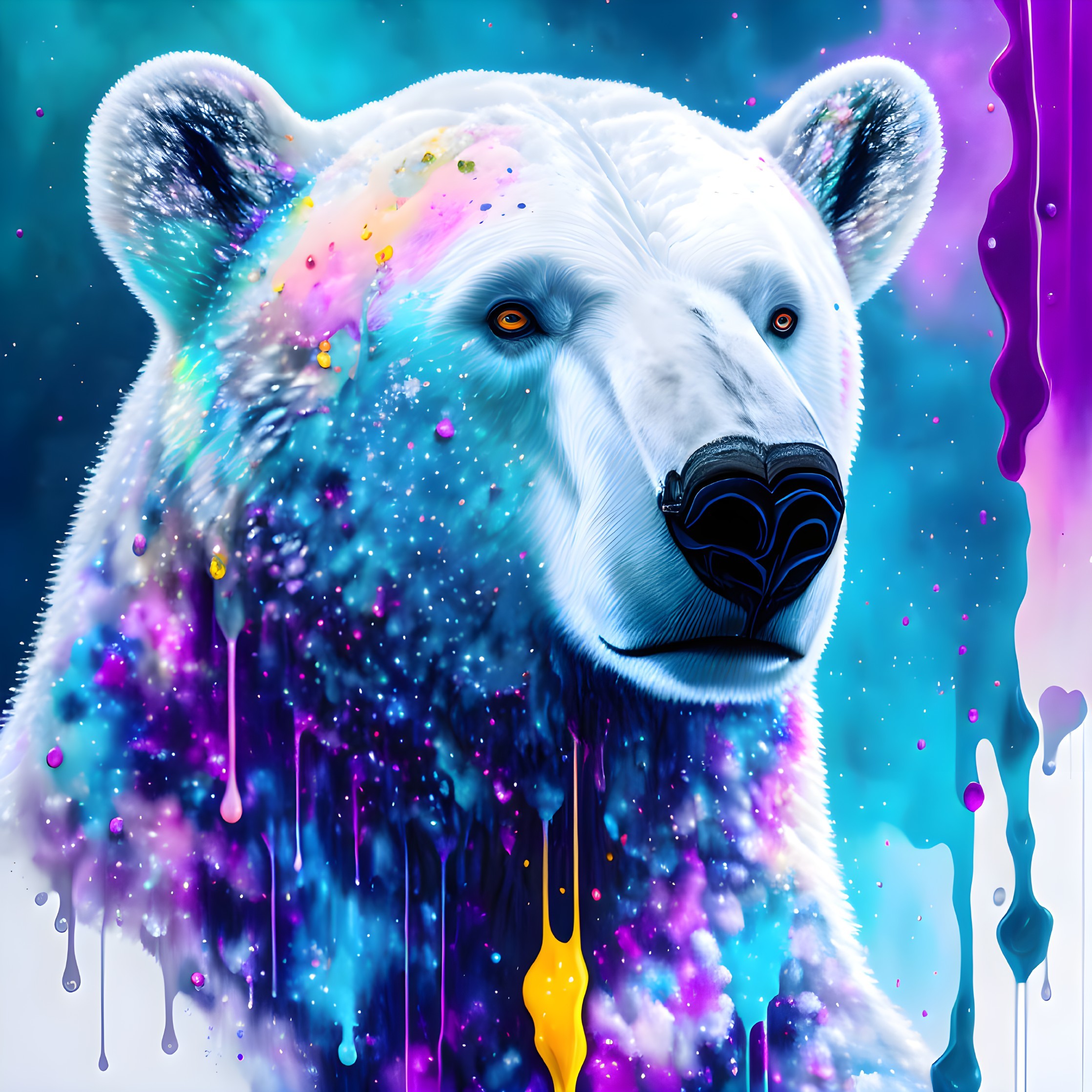 Vibrant digital artwork: Polar bear head with cosmic fur on blue background