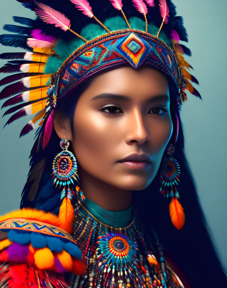 Native American woman in traditional attire with feather headdress and beaded accessories on blue background