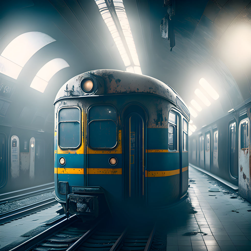 Abandoned retro design train in dimly lit subway station