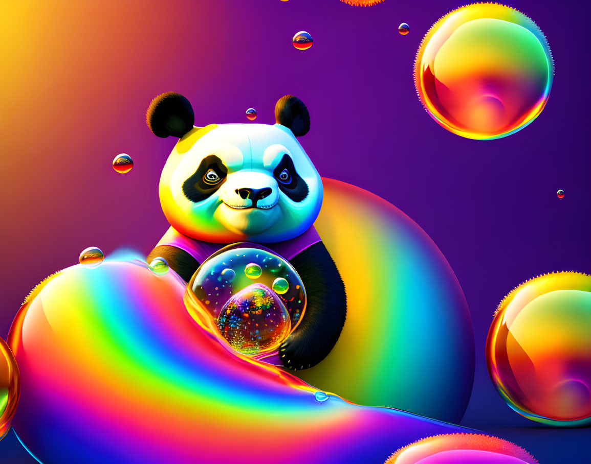 Vibrant Panda Artwork with Glossy Bubbles on Purple Background