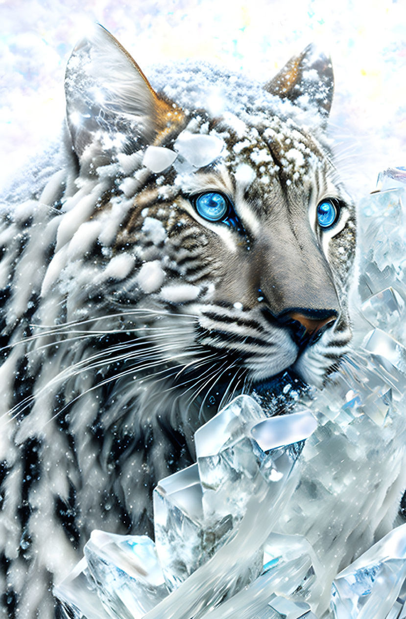 Blue-eyed lynx in snowy backdrop with falling snow and crystal formations