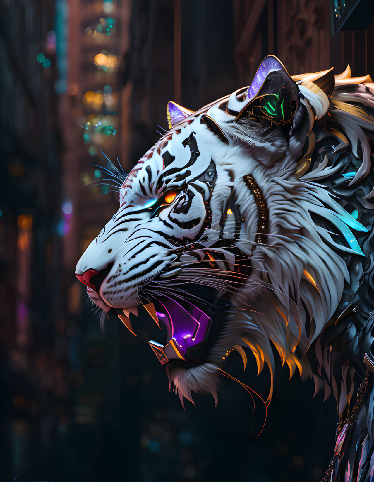 Stylized white tiger artwork with blue and purple accents in urban night scene