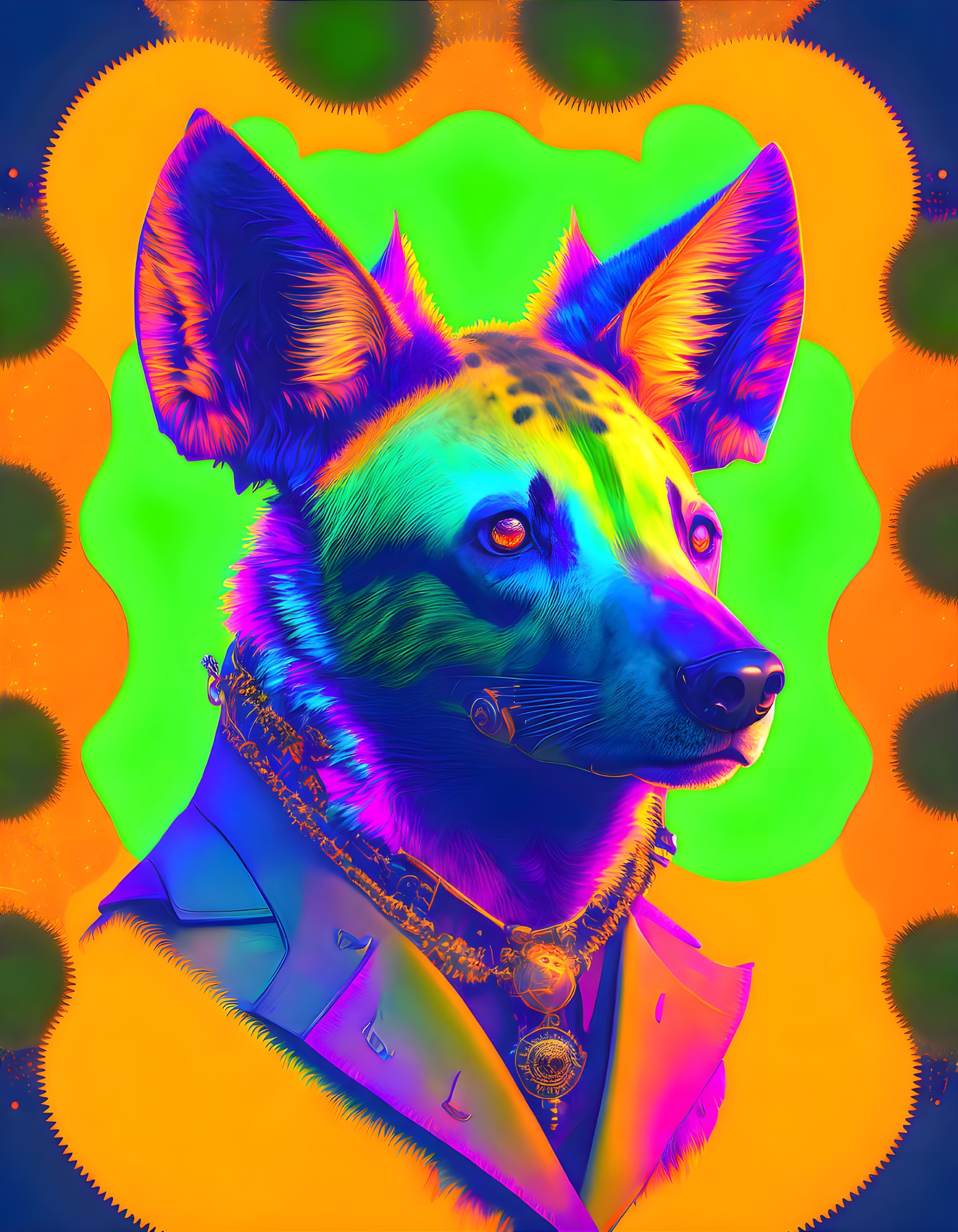 Colorful Psychedelic Dog Portrait in Suit and Decorated Collar