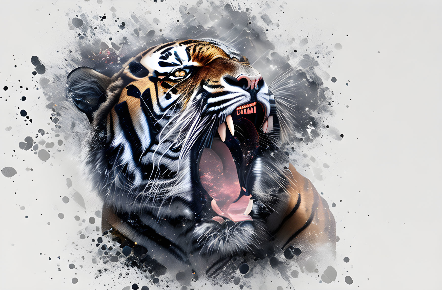 Vivid roaring tiger digital artwork with watercolor splashes