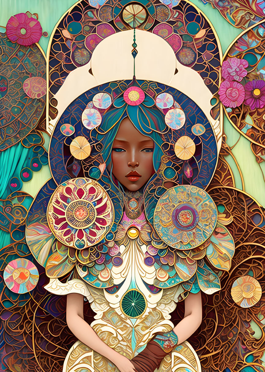 Colorful Illustration of Woman with Turquoise Hair and Intricate Floral Mandalas