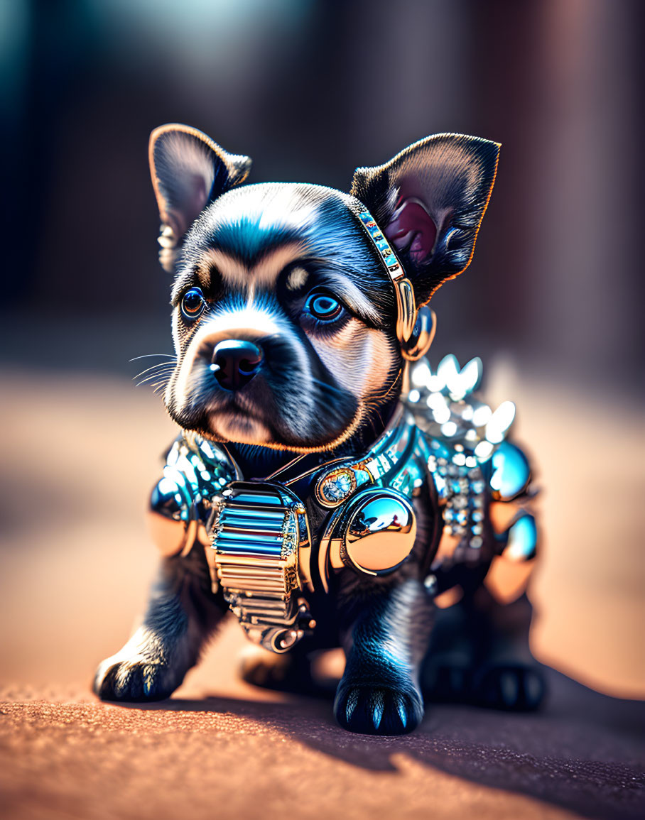 Detailed digital artwork: robotic puppy with glowing eyes on warm background