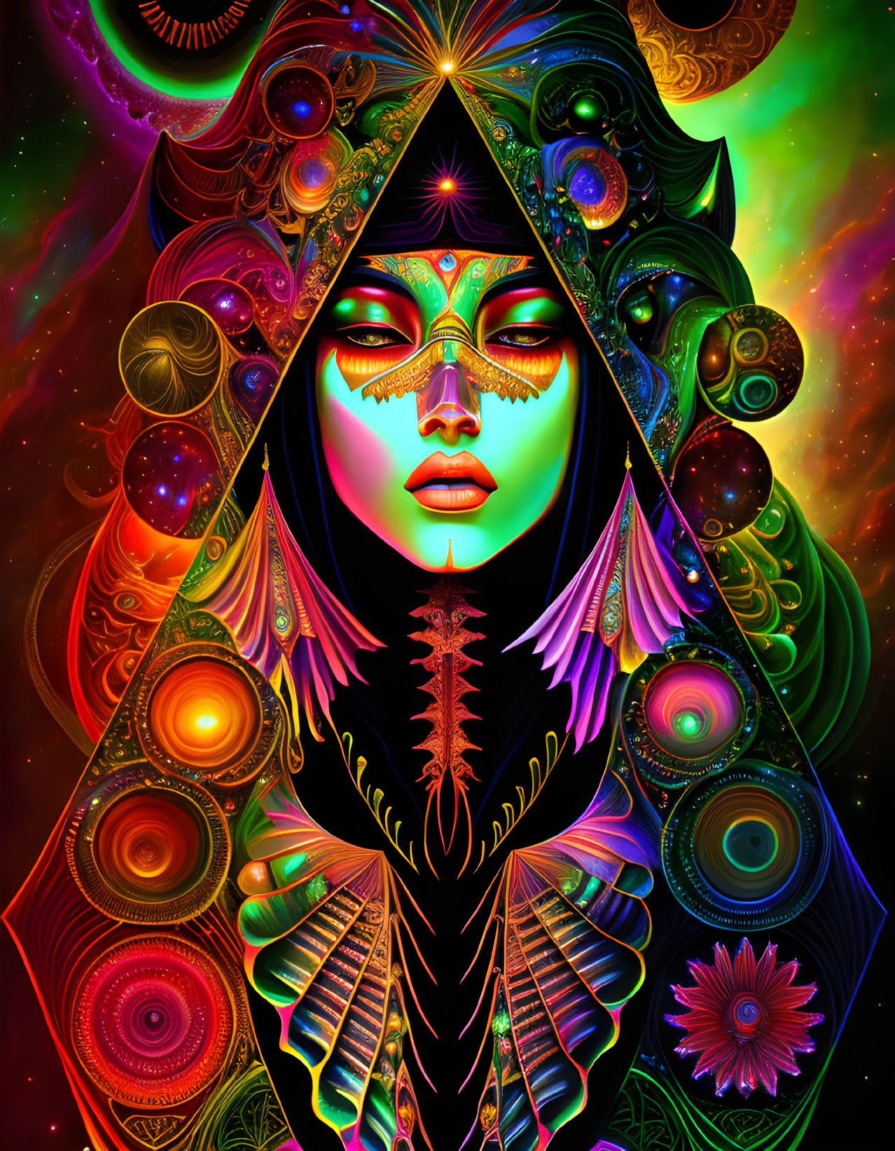 Vivid Psychedelic Portrait of Mystical Female Figure