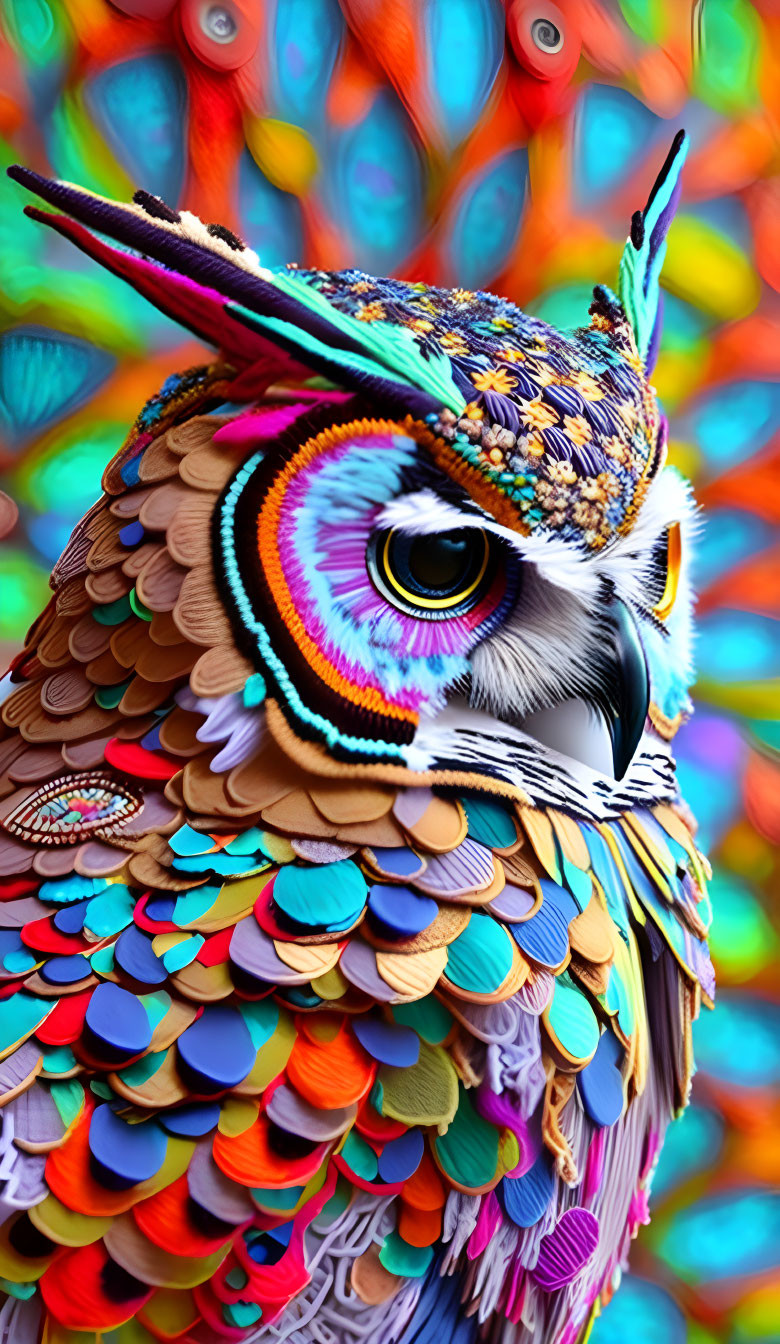 Colorful Owl Artwork with Feathery Pattern on Multicolored Background