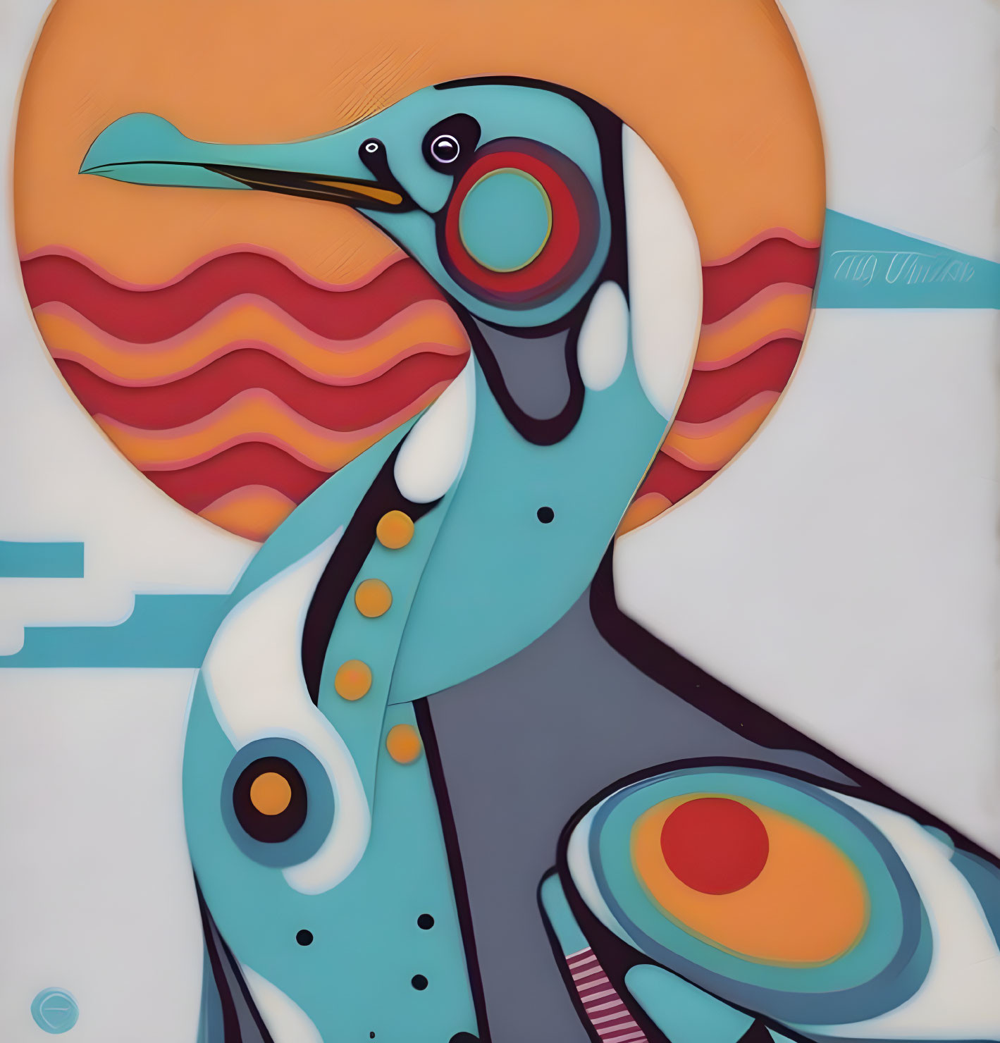 Colorful stylized bird with abstract patterns on orange backdrop.