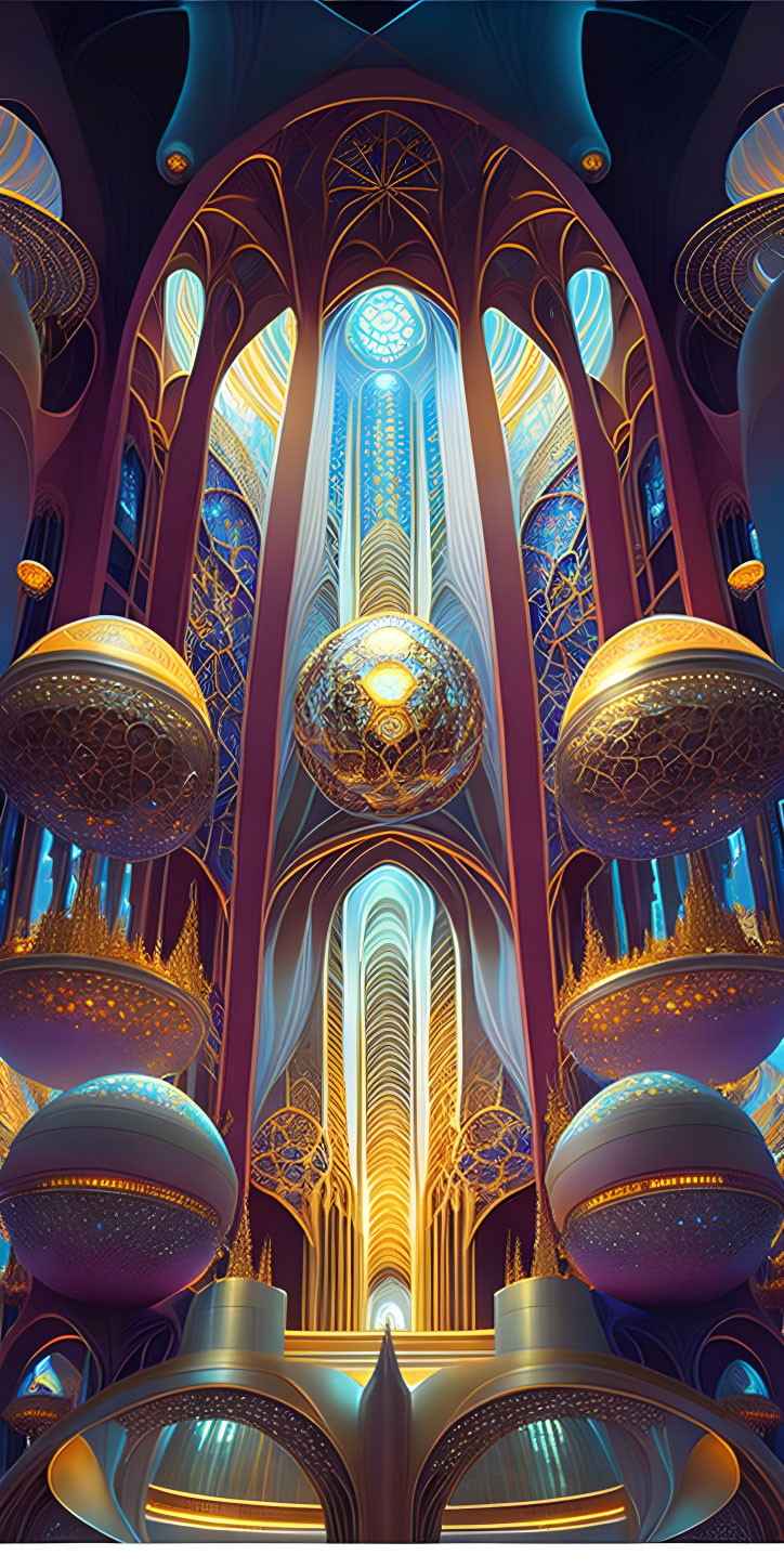 Futuristic cathedral interior with high ceilings and golden patterns