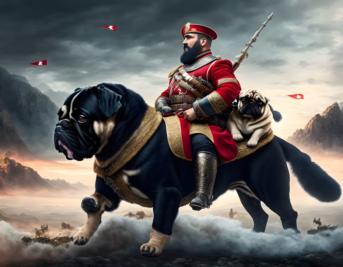 Regal man in red uniform riding large black dog in fantastical landscape.