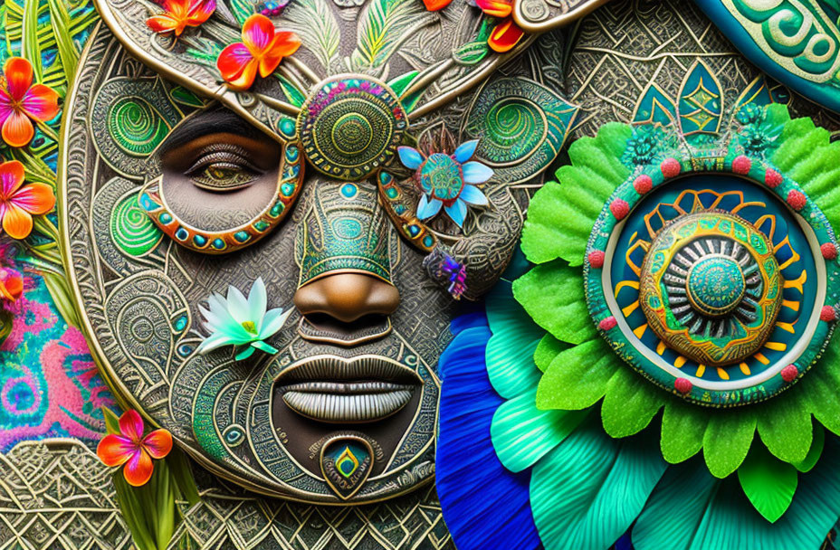 Colorful Tribal Masks with Elaborate Patterns and Tropical Flowers