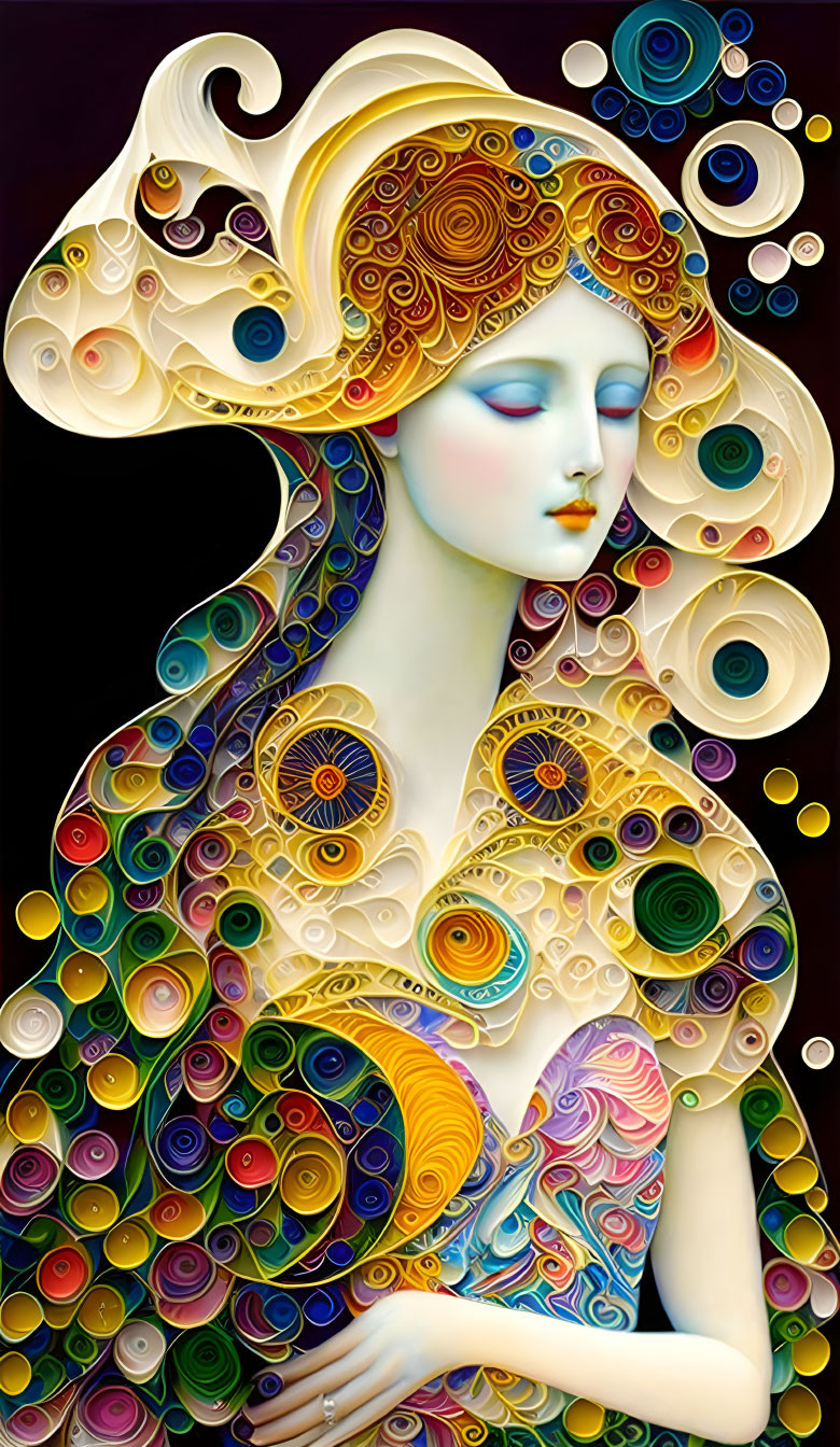 Colorful illustration of woman with intricate hair and dress in circular patterns