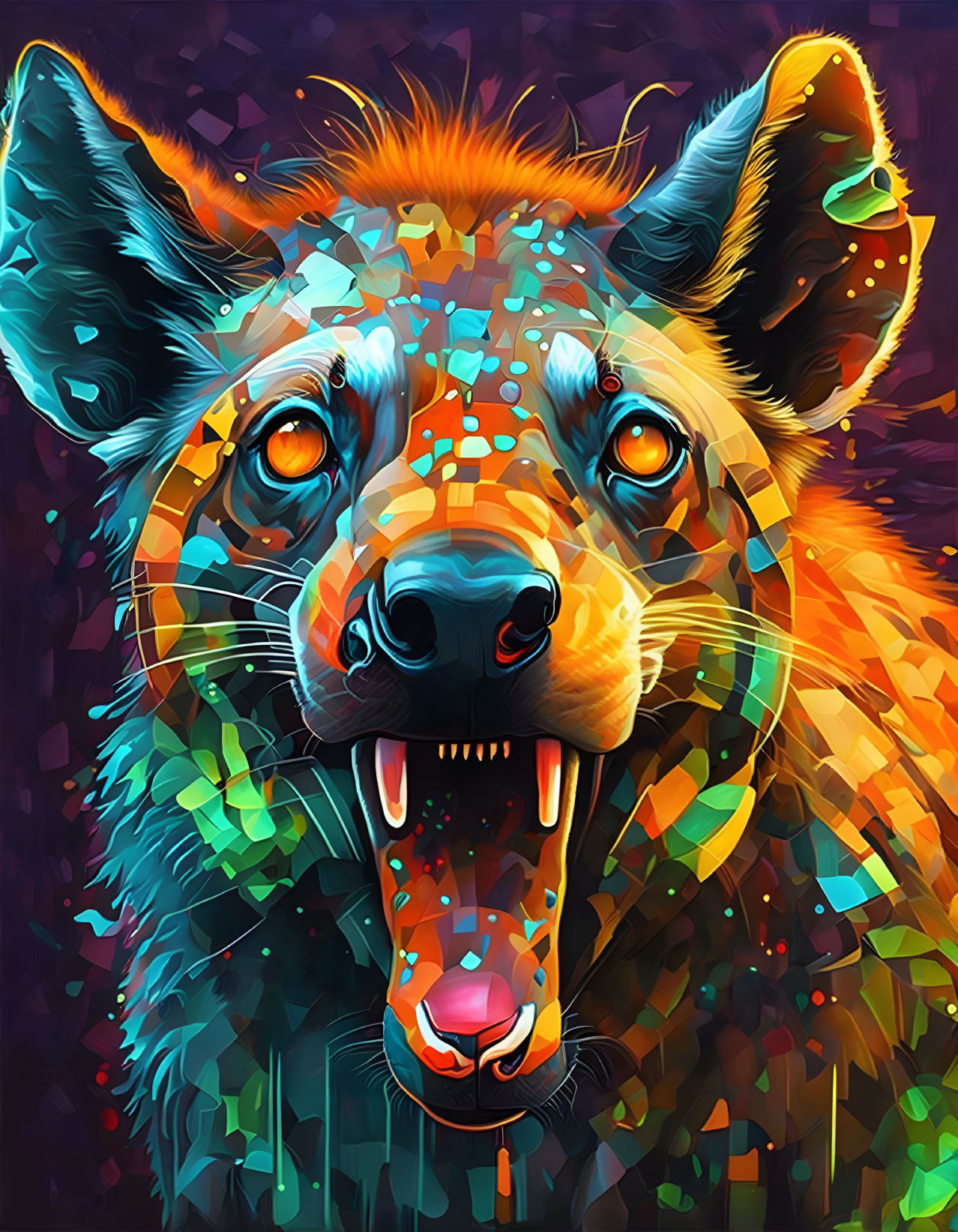 Colorful Hyena Head Art with Geometric Patterns on Dark Background