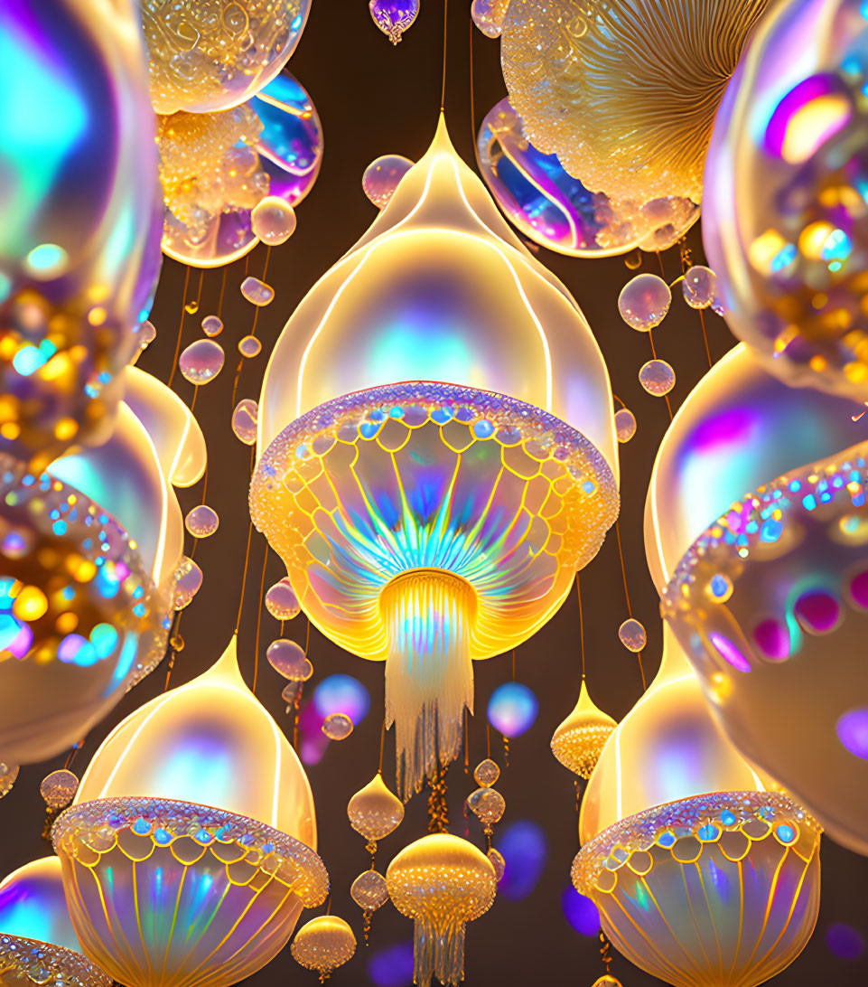 Luminescent jellyfish-like forms in digital art with reflective bubbles