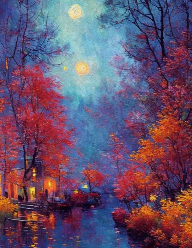 Autumn riverside scene painting with glowing lanterns at dusk