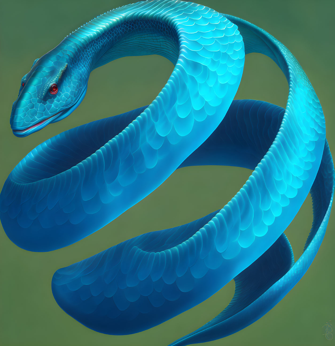 Colorful Digital Illustration of Coiled Serpent with Blue Scales