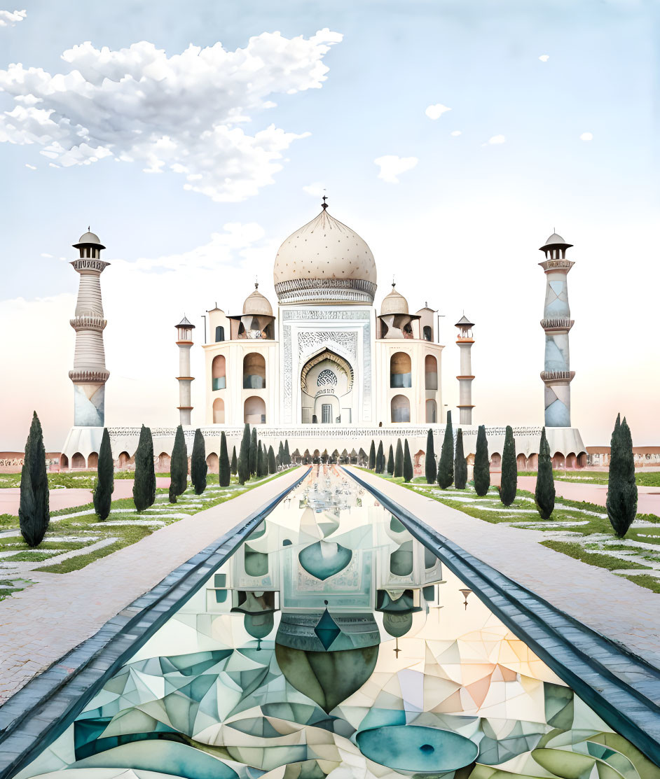 Symmetrical Taj Mahal with Reflective Pool against Blue Sky